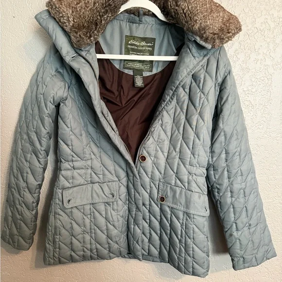 Eddie Bauer Sea Foam Gray Goose Down Quilted Puffer Jacket with Faux Fur Collar - Picture 1 of 8